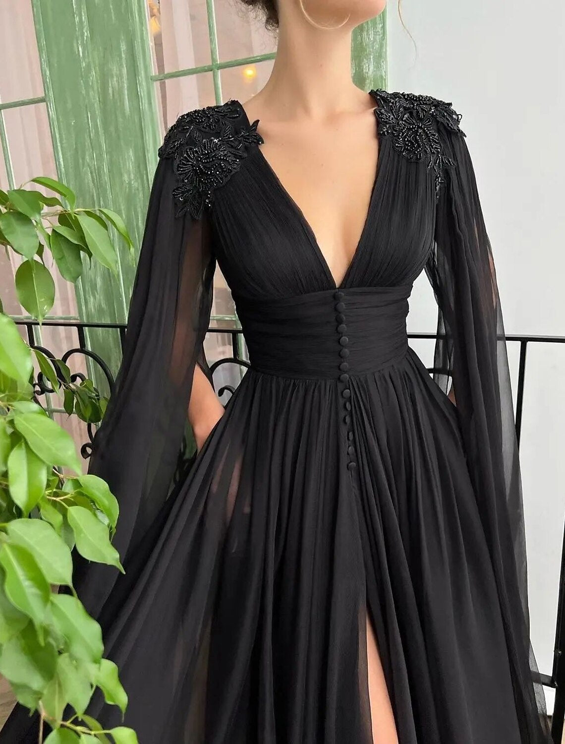 Wholesale A-Line Evening Gown Sexy Dress Formal Wedding Guest Court Train Long Sleeve V Neck Wednesday Addams Family Chiffon with Buttons Slit Appliques